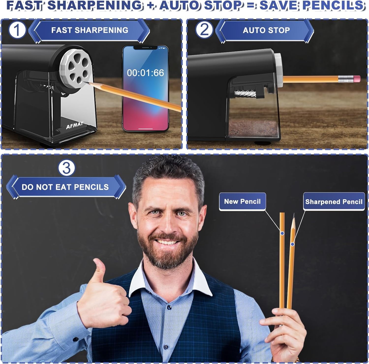 AFMAT Heavy Duty Electric Pencil Sharpener for Classroom,6 Holes, Electric Pencil Sharpeners for Home, Pencil Sharpener Plug in for 6-11mm Pencils,Auto Stop, Super Fast,Never Eat Pencils, New,Black