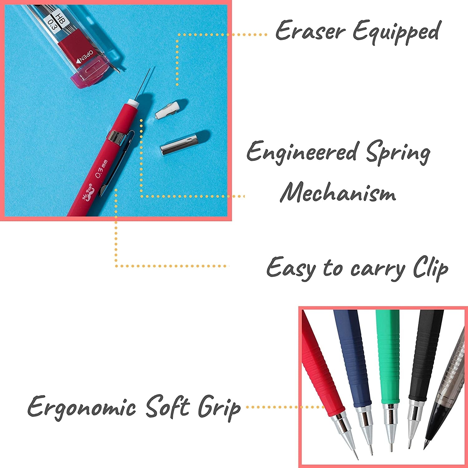 Mr. Pen Mechanical Pencil Set with Eraser Refills, 0.3mm, 0.5mm, 0.7mm, 0.9mm and 2mm, 5 Count