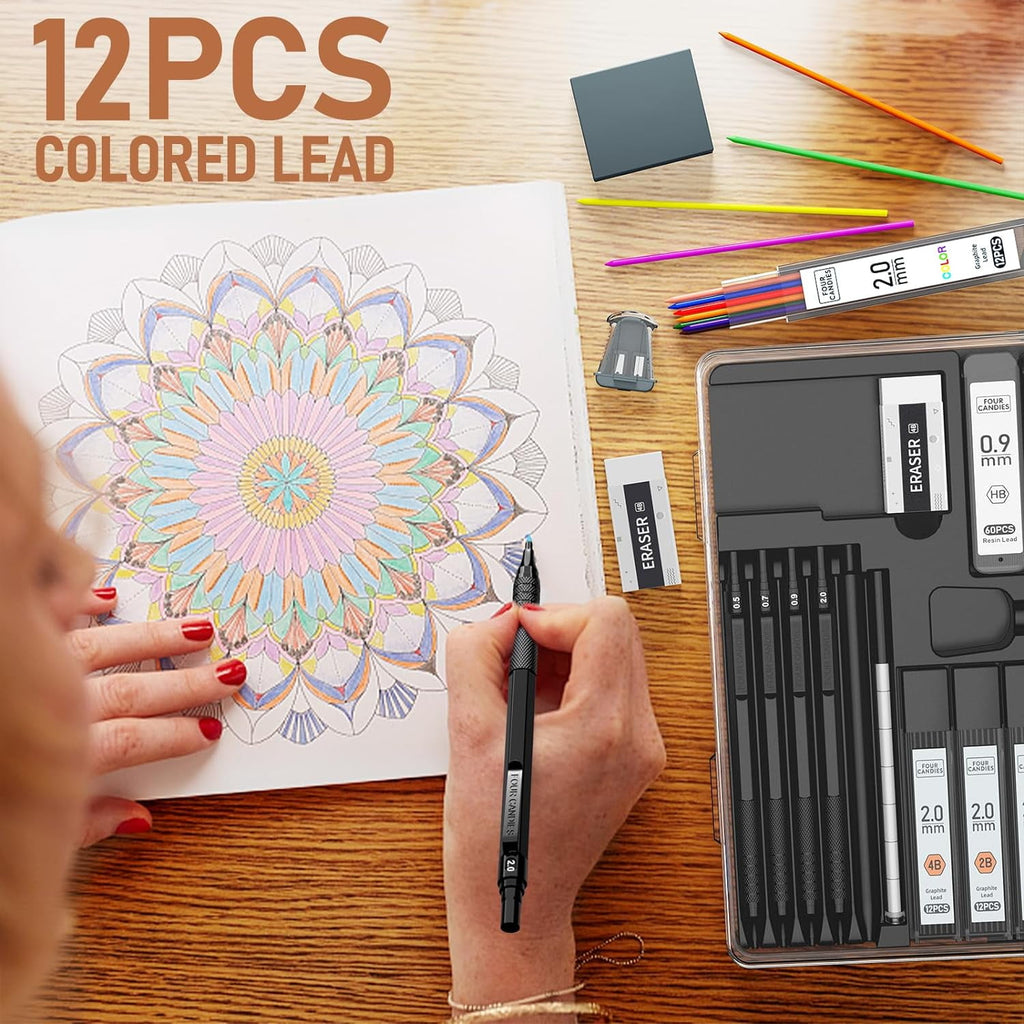 Four Candies Metal Mechanical Pencil Set,5 Count, Metal Mechanical Pencils 0.5, 0.7, 0.9,2.0(2Pcs), 420Pcs Leads (4B 2B HB 2H Color), for Writing Sketching Drawing (Black)