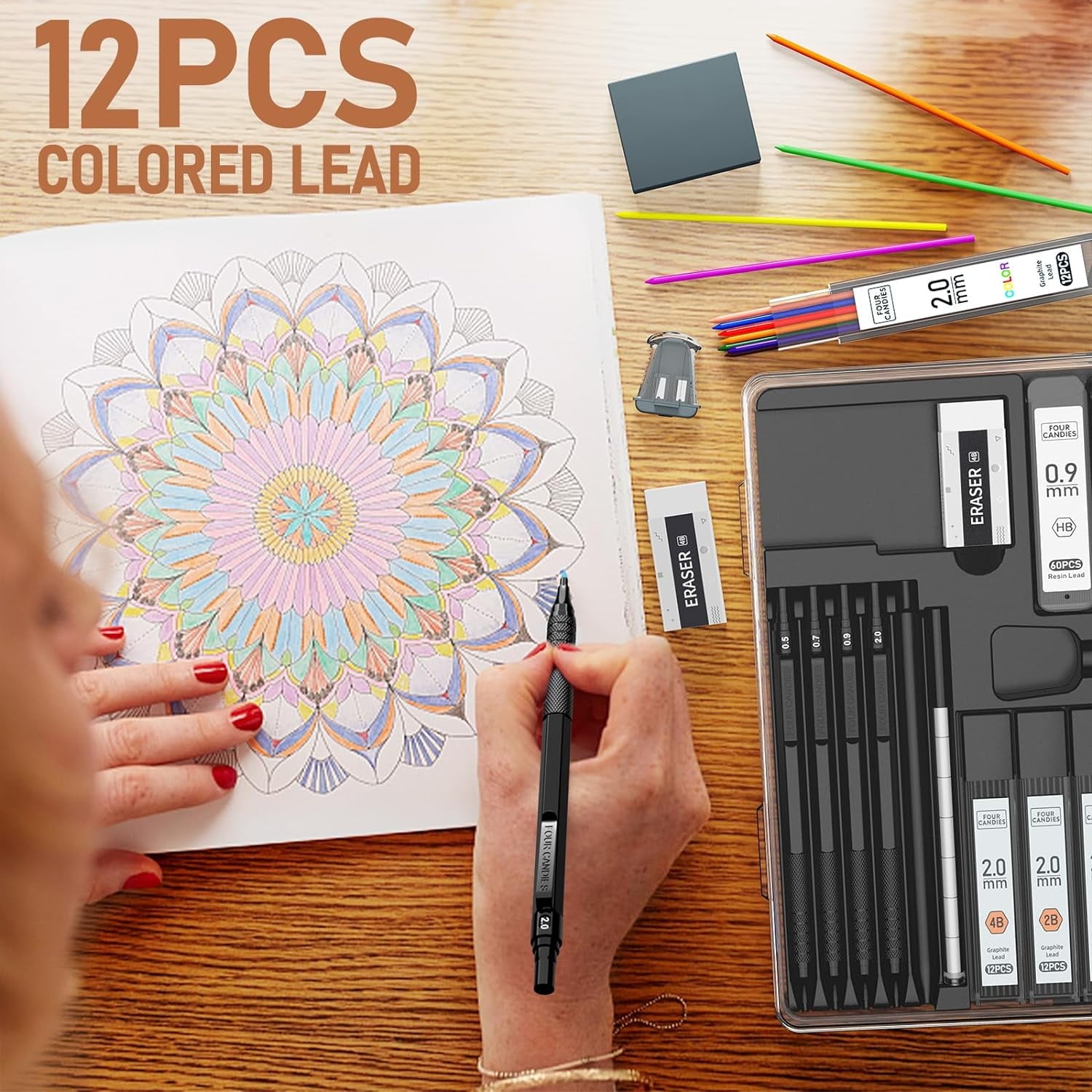 Four Candies Metal Mechanical Pencil Set,5 Count, Metal Mechanical Pencils 0.5, 0.7, 0.9,2.0(2Pcs), 420Pcs Leads (4B 2B HB 2H Color), for Writing Sketching Drawing (Black)