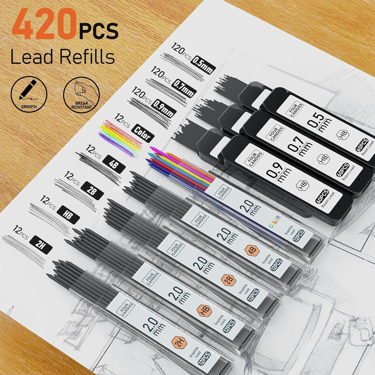 Four Candies Metal Mechanical Pencil Set,5 Count, Metal Mechanical Pencils 0.5, 0.7, 0.9,2.0(2Pcs), 420Pcs Leads (4B 2B HB 2H Color), for Writing Sketching Drawing (Black)