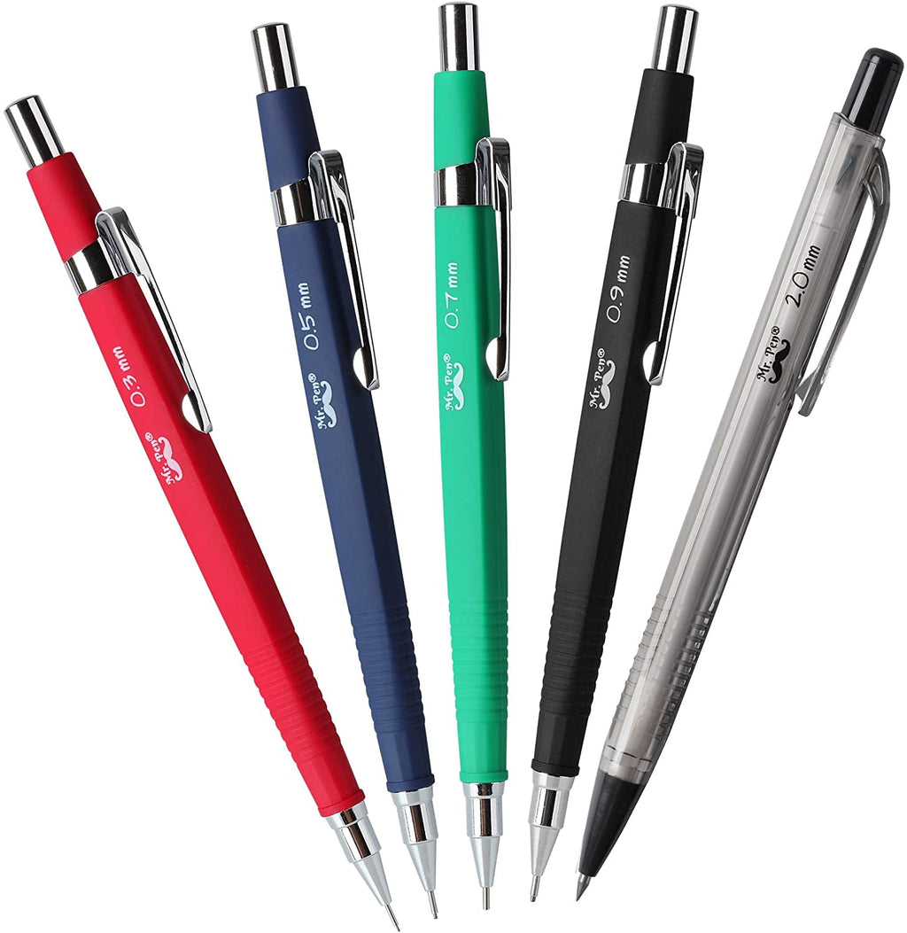 Mr. Pen Mechanical Pencil Set with Eraser Refills, 0.3mm, 0.5mm, 0.7mm, 0.9mm and 2mm, 5 Count