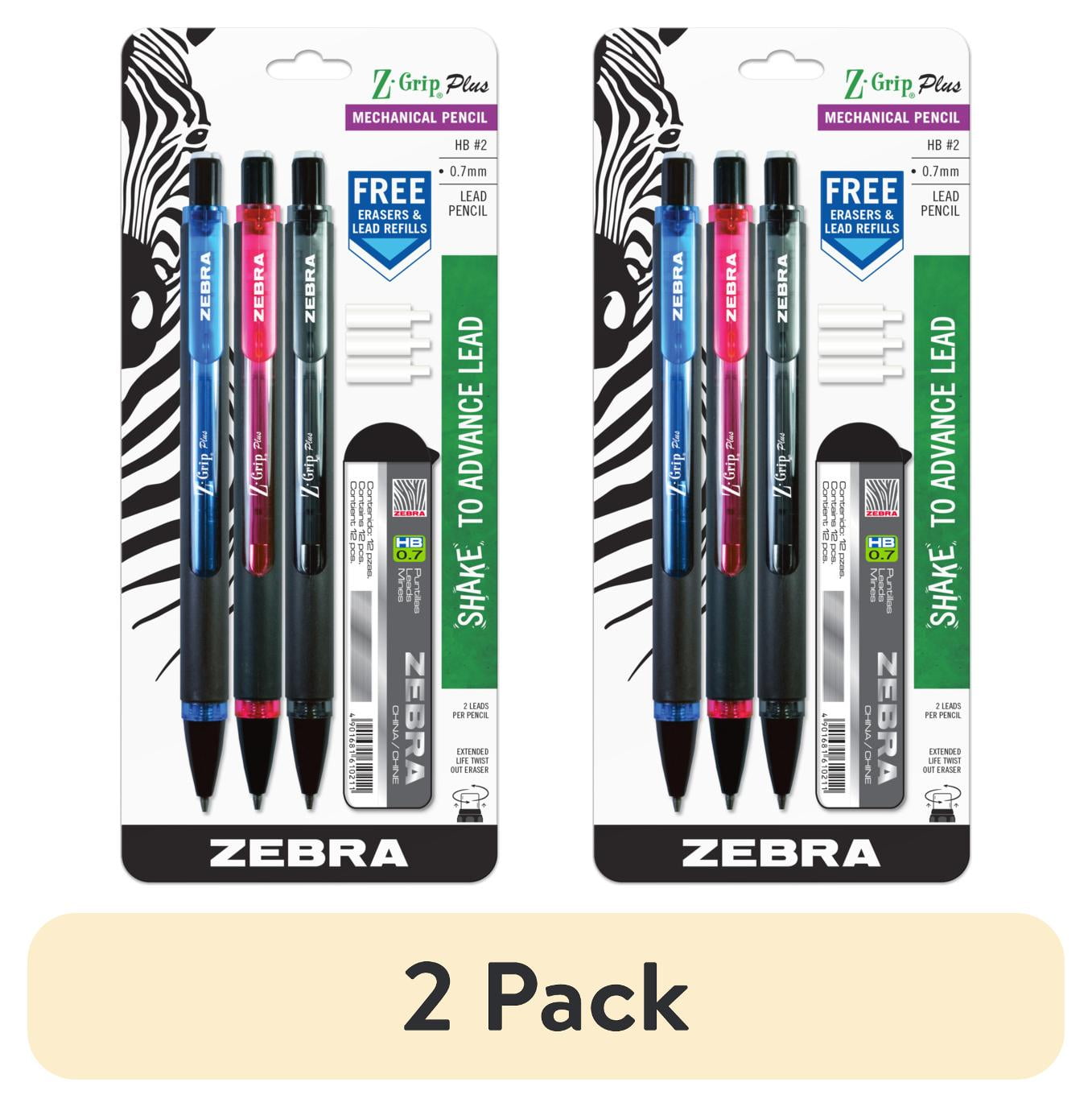 Zebra Z-Grip Plus Refillable Mechanical Pencil, 0.7mm, Bonus Lead and Erasers, Assorted Barrel Colors, Green, Yellow, Blue, 3-Count