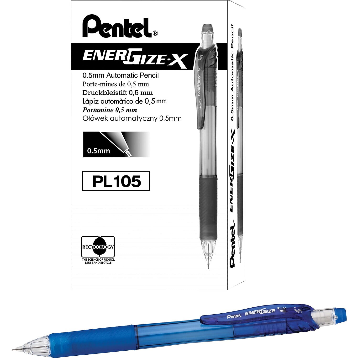 EnerGize-X Mechanical Pencil 0.5 mm, HB 2.5, Black Lead, Blue Barrel, Dozen