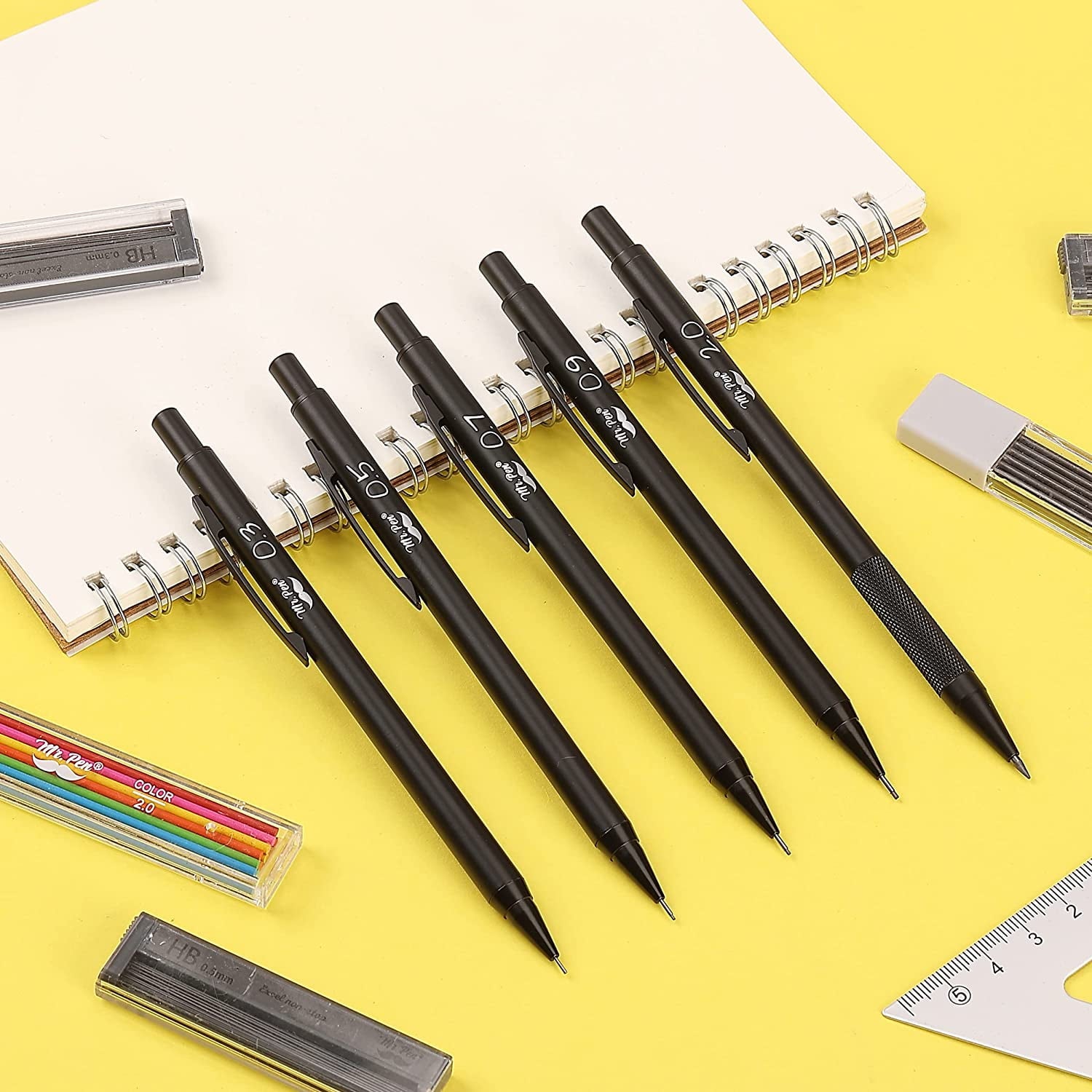 Mr. Pen- Metal Mechanical Pencil Set with Lead and Eraser Refills, 5 Sizes, Black, 0.3, 0.5, 0.7, 0.9, 2mm