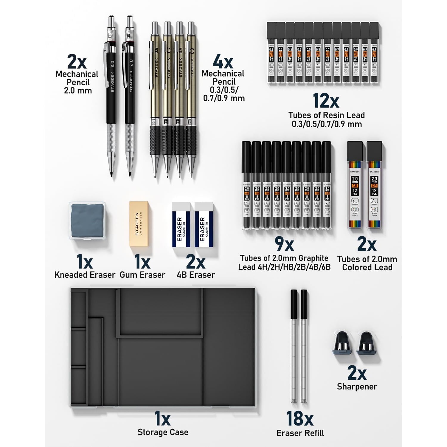 STAGEEK 37PCS Art Mechanical Pencil Set, Drafting Pencil 5 Sizes- 0.3, 0.5, 0.7, 0.9MM & 2PCS 2.0MM Mechanical Drawing Pencils with  Leads