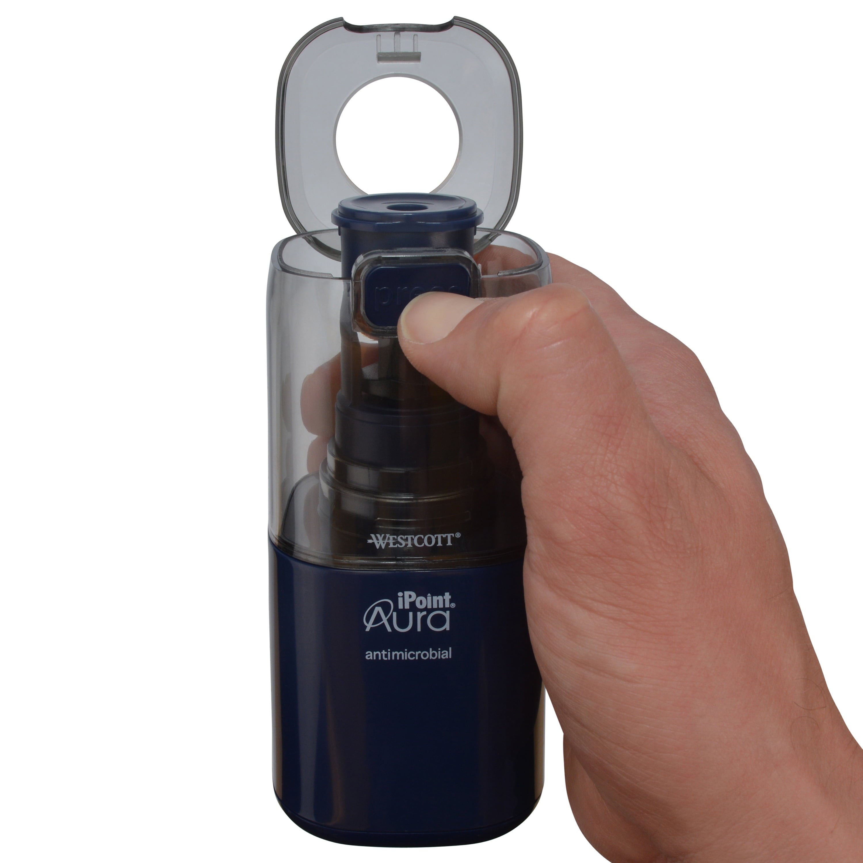 Westcott Aura Battery Pencil Sharpener, Titanium, Anti-Microbial, Office, Blue, 1-Count, New.