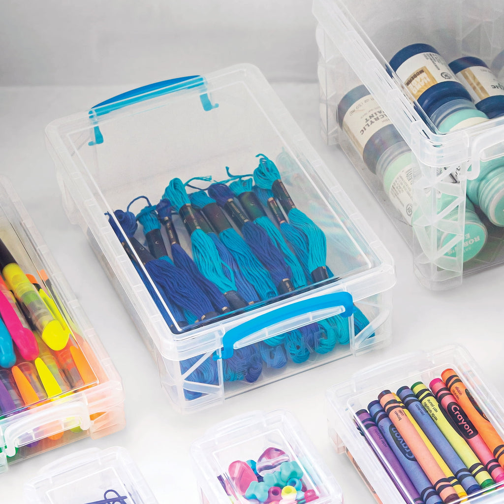 Advantus Super Stacker Pencil Box with Snap-tight Lid, Clear and Blue