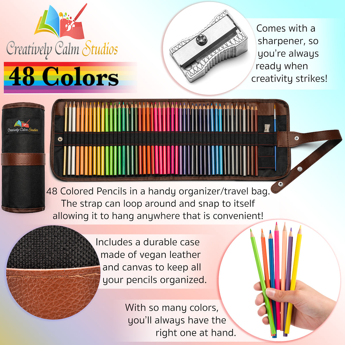 Creatively Calm Studios 48 Color Pencil Set with Canvas Roll-Up Organizer Travel Bag