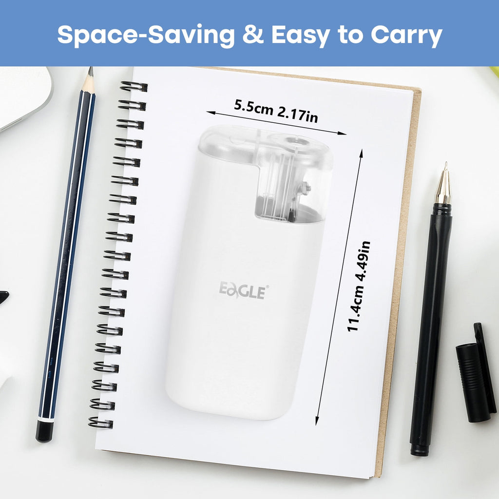 Eagle Portable Electric Pencil Sharpener - 1-Hole Manual/Battery Powered, Pocket-Sized for Home/Art Studios/Office, Patented Design, White