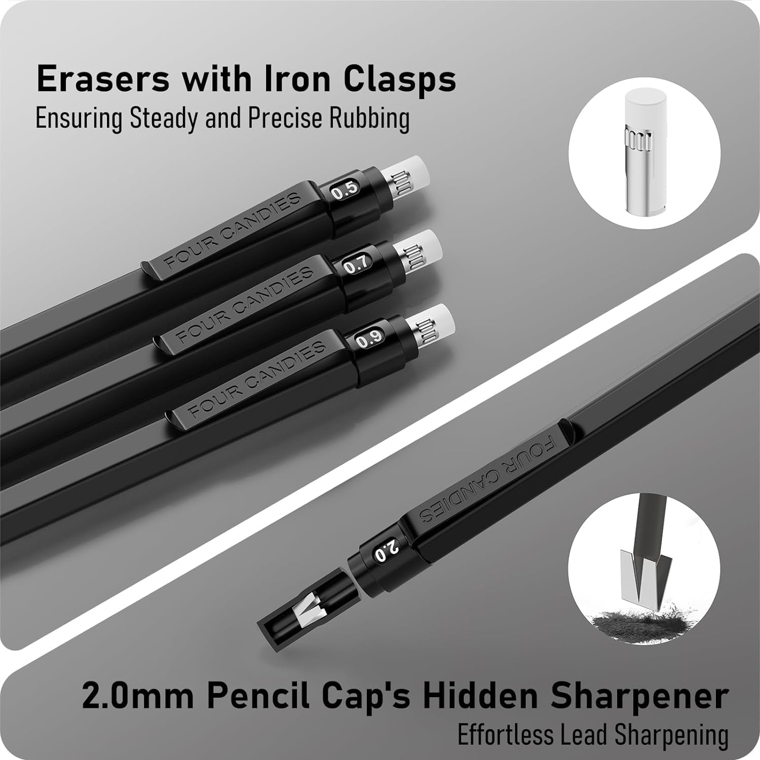 Four Candies Metal Mechanical Pencil Set,5 Count, Metal Mechanical Pencils 0.5, 0.7, 0.9,2.0(2Pcs), 420Pcs Leads (4B 2B HB 2H Color), for Writing Sketching Drawing (Black)