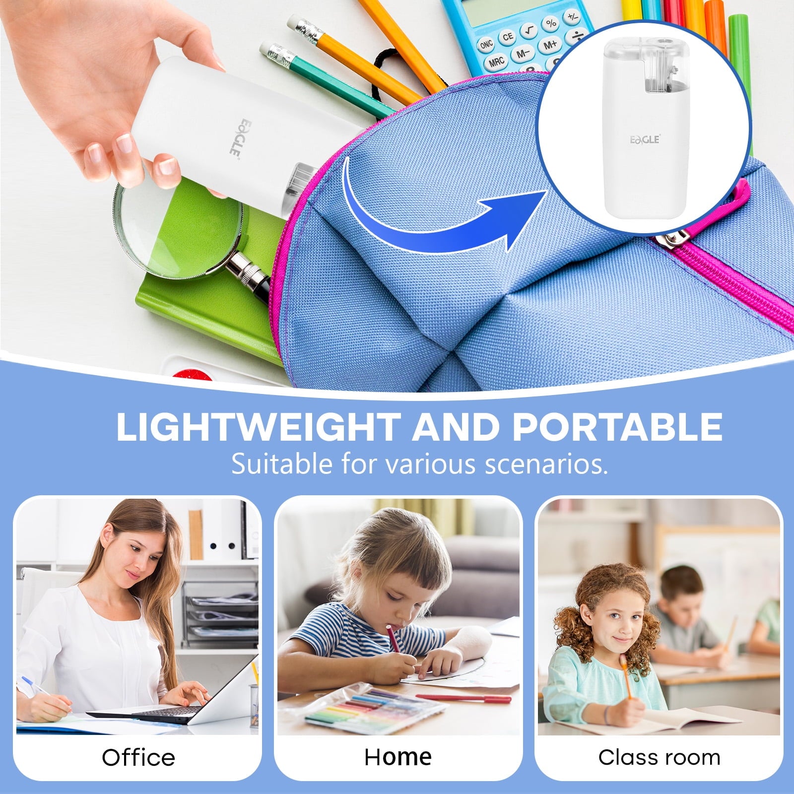 Eagle Portable Electric Pencil Sharpener - 1-Hole Manual/Battery Powered, Pocket-Sized for Home/Art Studios/Office, Patented Design, White