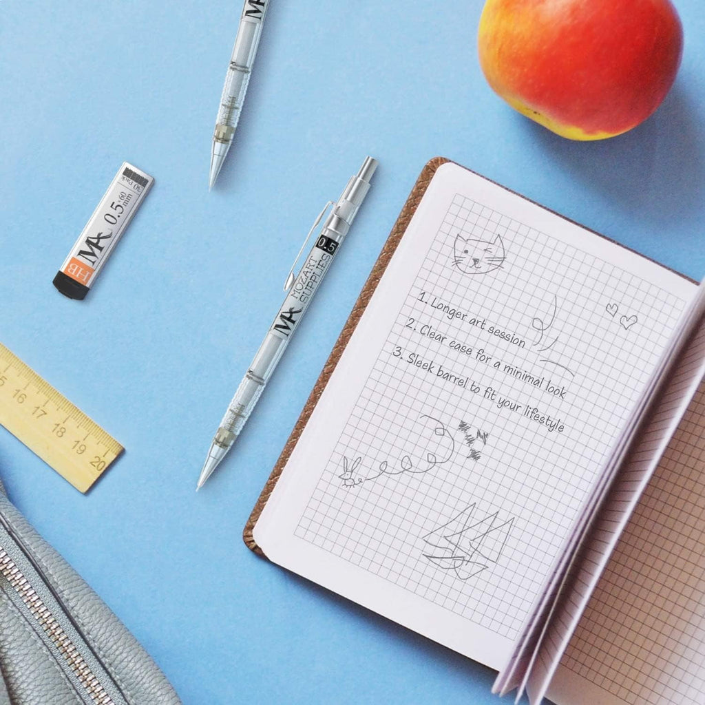 MozArt Supplies Mechanical Pencil Set with Case – 4 Pack - 4 Sizes (30 HB Lead and 4 Eraser Refills)