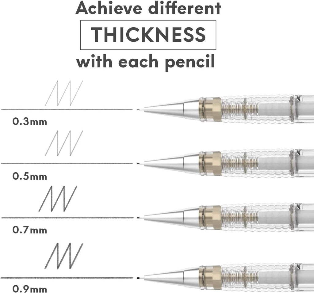 MozArt Supplies Mechanical Pencil Set with Case – 4 Pack - 4 Sizes (30 HB Lead and 4 Eraser Refills)