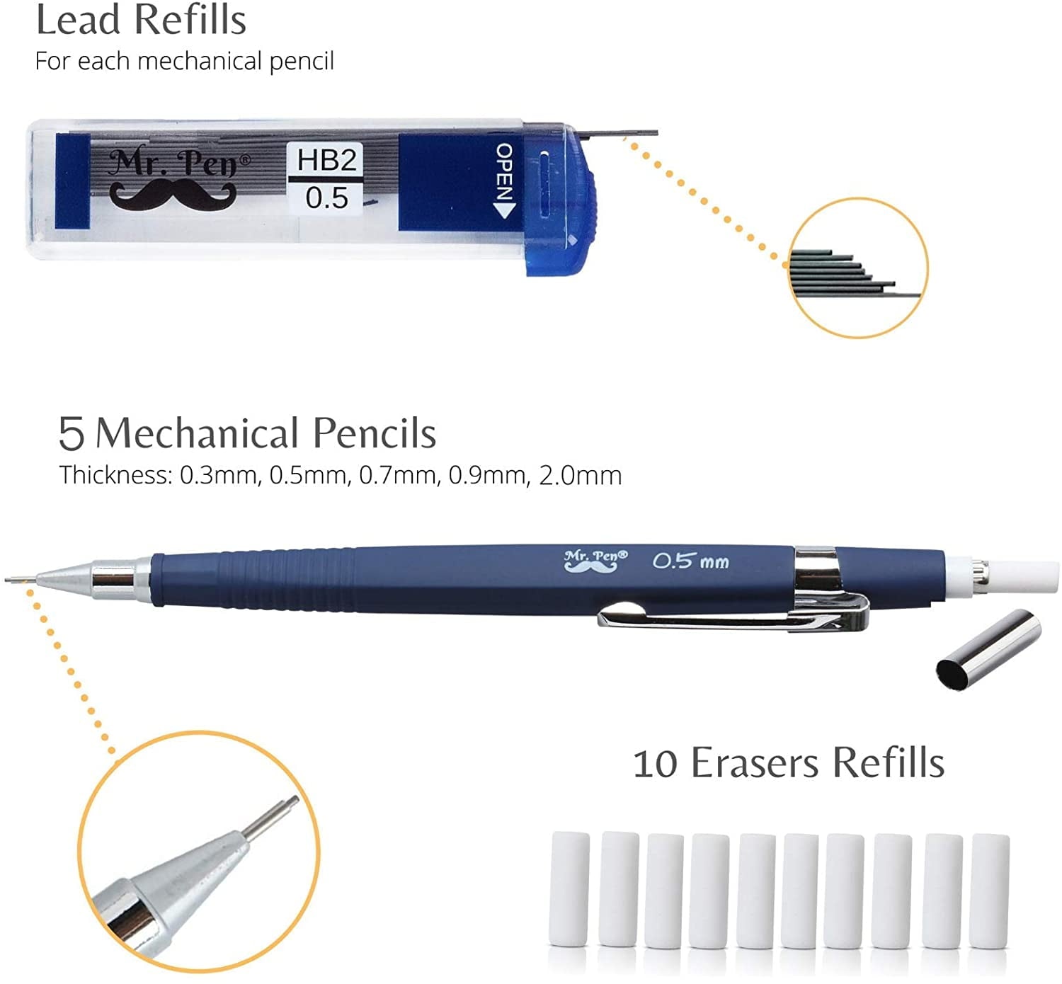 Mr. Pen Mechanical Pencil Set with Eraser Refills, 0.3mm, 0.5mm, 0.7mm, 0.9mm and 2mm, 5 Count