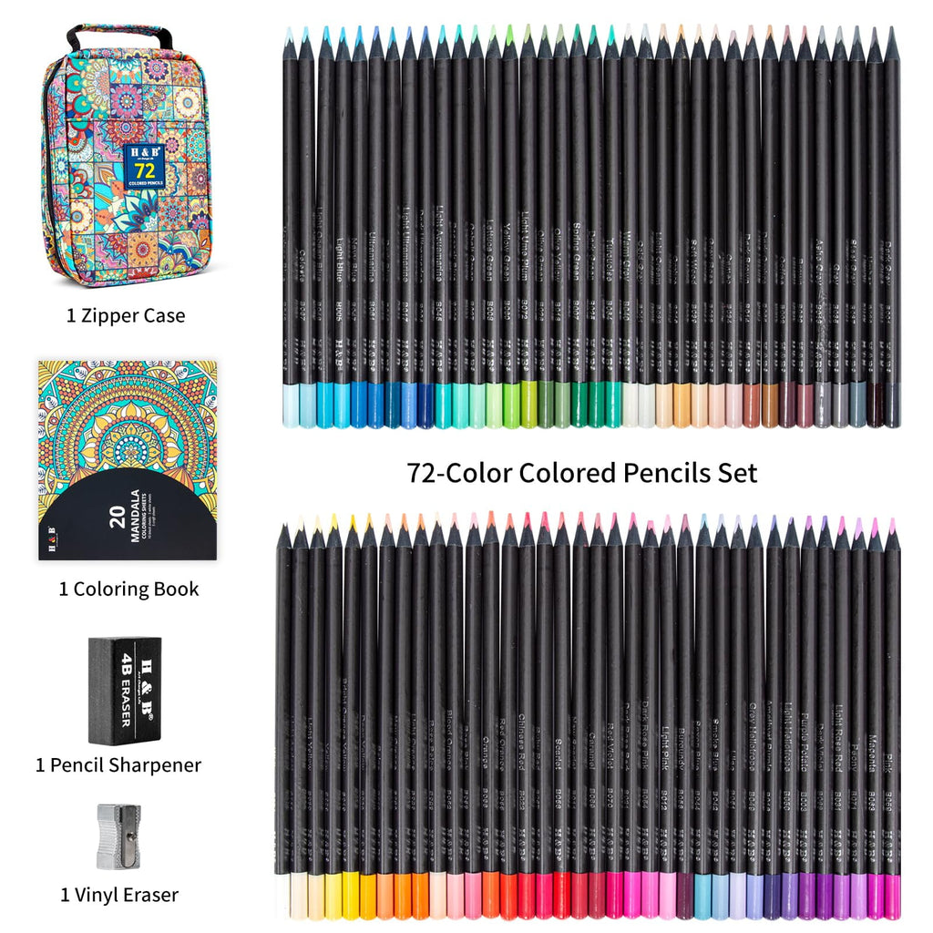 H & B 72 Colouring Pencils with Portable Zipper Bag,Colouring Pencils Set with Adult Colouring Book, Coloured Pencils for Adults,Artists