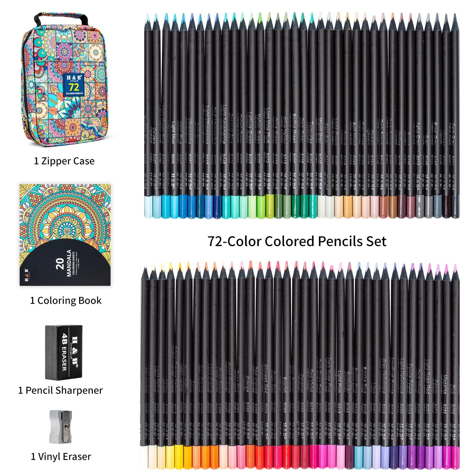 H & B 72 Colouring Pencils with Portable Zipper Bag,Colouring Pencils Set with Adult Colouring Book, Coloured Pencils for Adults,Artists