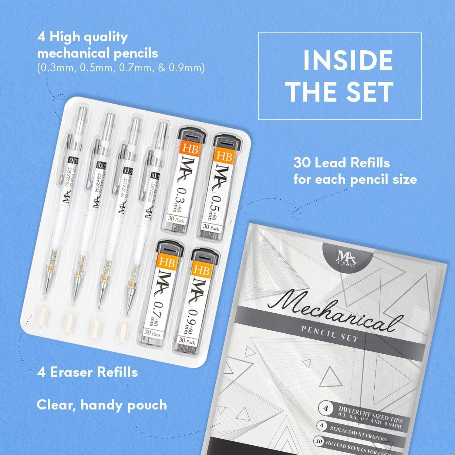 MozArt Supplies Mechanical Pencil Set with Case – 4 Pack - 4 Sizes (30 HB Lead and 4 Eraser Refills)