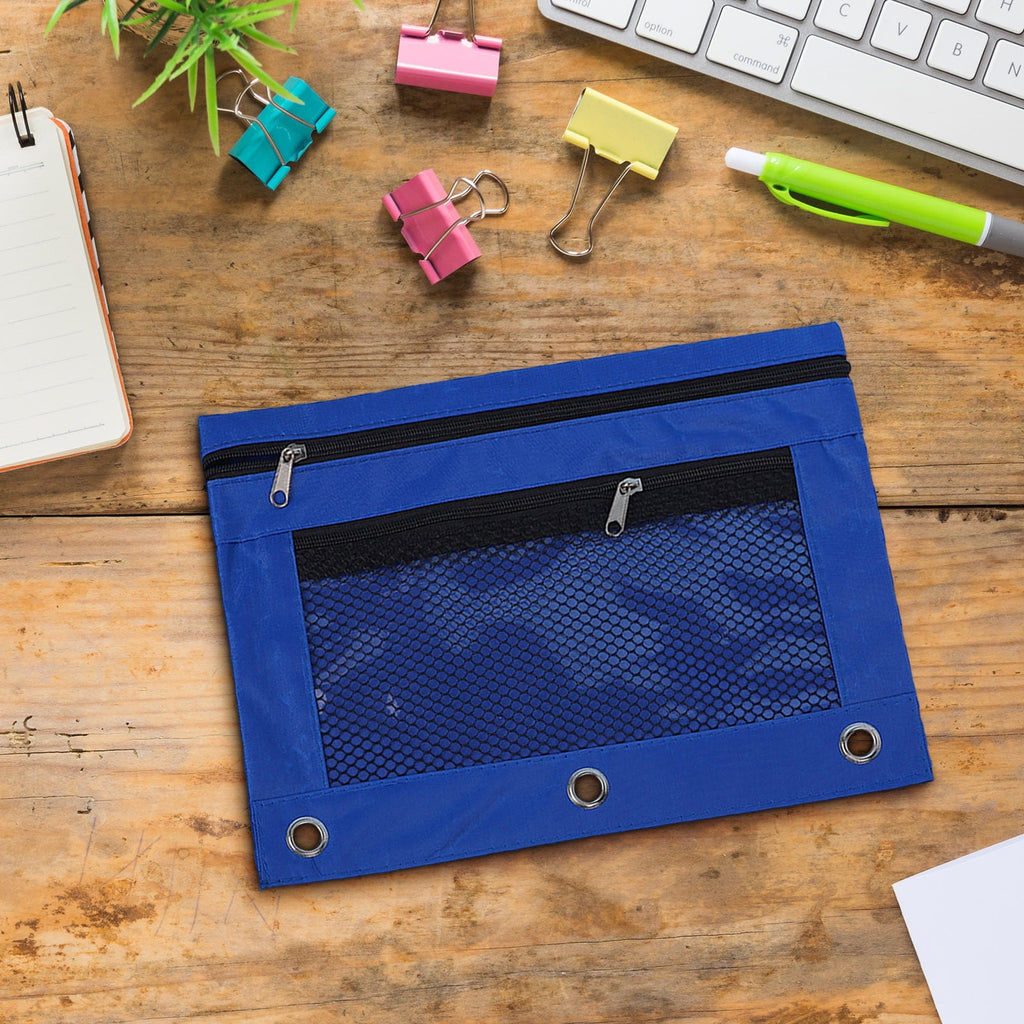 3-Ring Binder Zipper Pouch: Dual-Compartment Clear Window Pencil Case for Pens Cosmetics - 10" x 7.5" Office Travel Organizer(Blue)