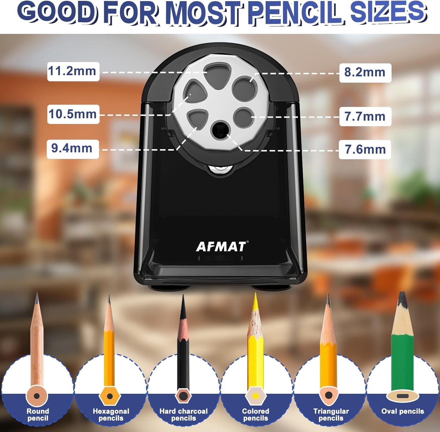 AFMAT Heavy Duty Electric Pencil Sharpener for Classroom,6 Holes, Electric Pencil Sharpeners for Home, Pencil Sharpener Plug in for 6-11mm Pencils,Auto Stop, Super Fast,Never Eat Pencils, New,Black