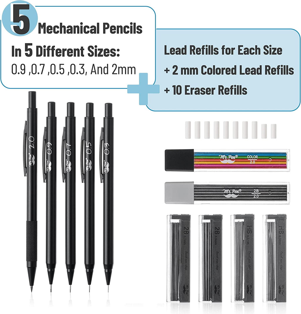 Mr. Pen- Metal Mechanical Pencil Set with Lead and Eraser Refills, 5 Sizes, Black, 0.3, 0.5, 0.7, 0.9, 2mm