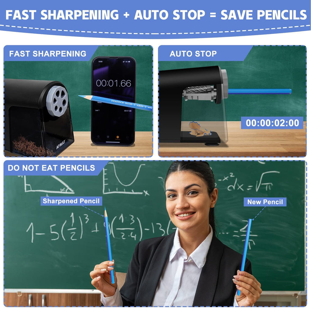 AFMAT Heavy Duty Electric Pencil Sharpener for Classroom,6 Holes, Electric Pencil Sharpeners for Home, Pencil Sharpener Plug in for 6-11mm Pencils,Auto Stop, Super Fast,Never Eat Pencils, New,Black