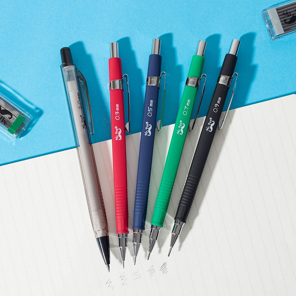 Mr. Pen Mechanical Pencil Set with Eraser Refills, 0.3mm, 0.5mm, 0.7mm, 0.9mm and 2mm, 5 Count