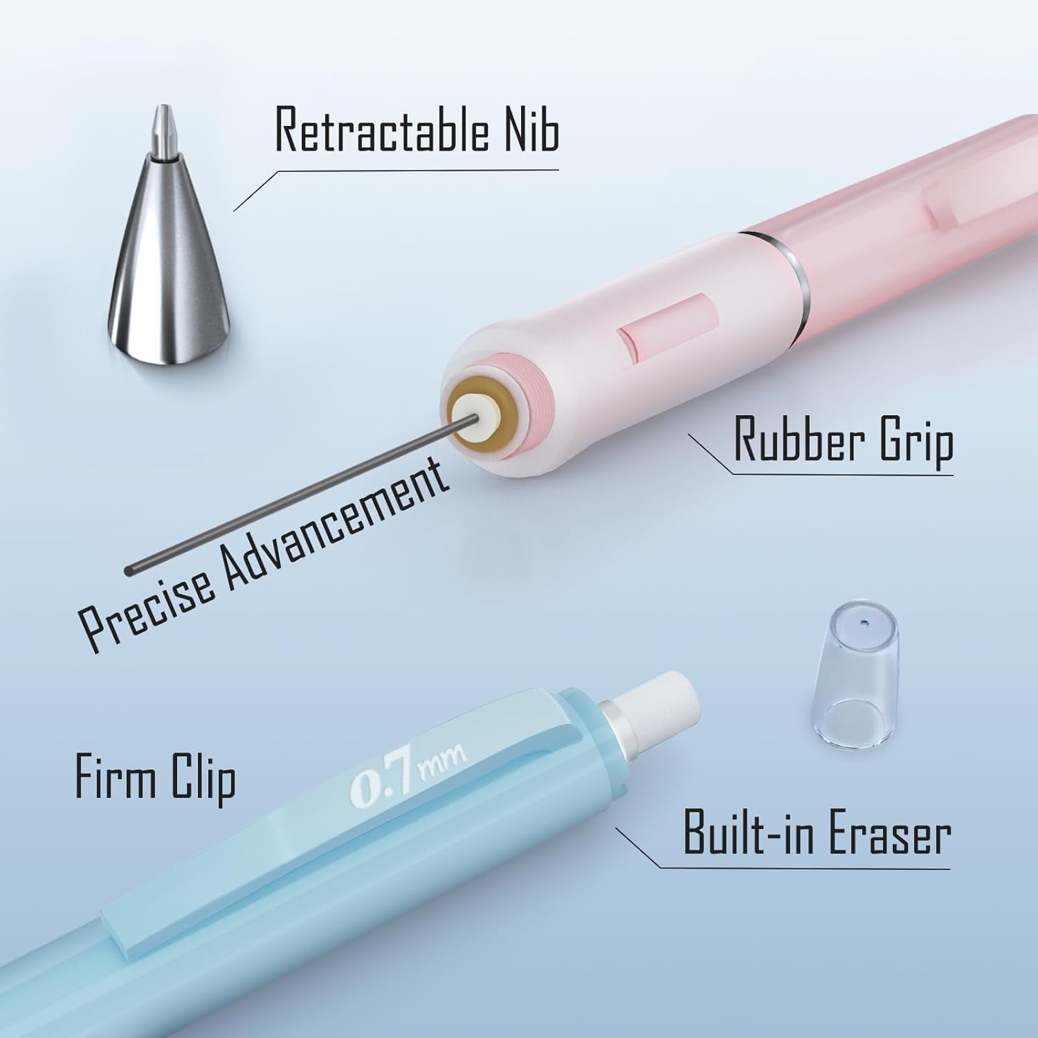 Four Candies Pastel Mechanical Pencil Set for Drawing & Writing,6PCS 0.5mm&0.7mm Mechanical Pencils with 360PCS HB Lead Refills, 3PCS Erasers and 9PCS Eraser Refills