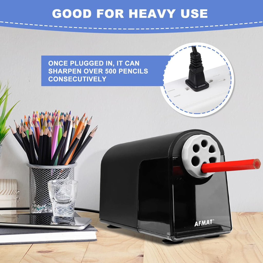 AFMAT Heavy Duty Electric Pencil Sharpener for Classroom,6 Holes, Electric Pencil Sharpeners for Home, Pencil Sharpener Plug in for 6-11mm Pencils,Auto Stop, Super Fast,Never Eat Pencils, New,Black