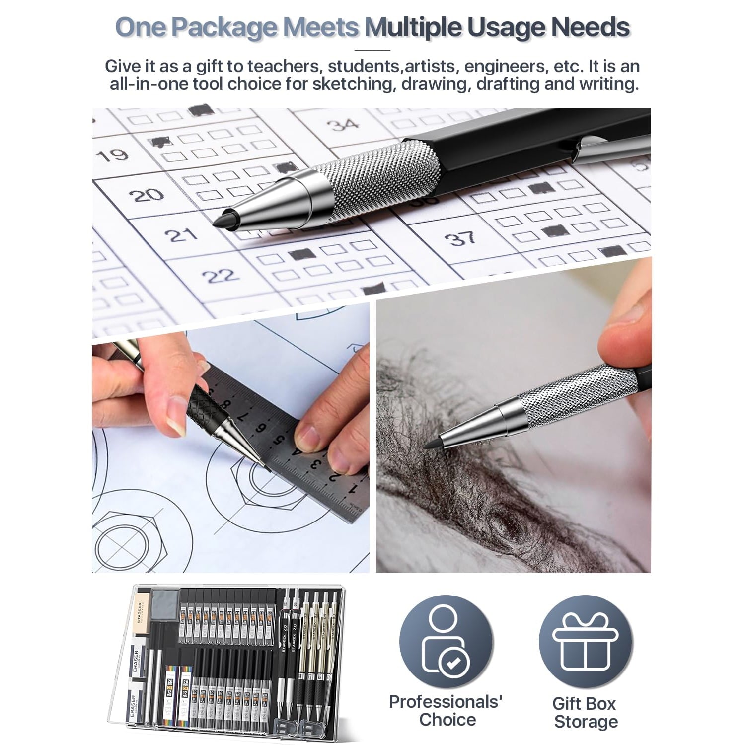 STAGEEK 37PCS Art Mechanical Pencil Set, Drafting Pencil 5 Sizes- 0.3, 0.5, 0.7, 0.9MM & 2PCS 2.0MM Mechanical Drawing Pencils with  Leads