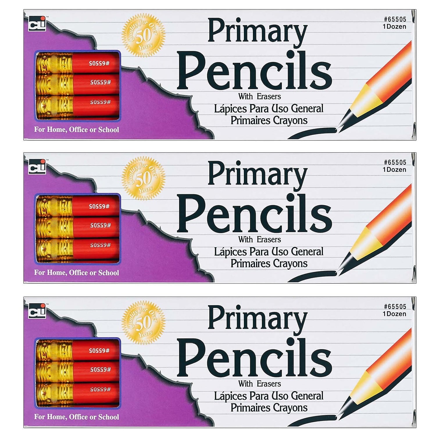 Charles Leonard Primary Pencil, Red with Eraser, 36 Count