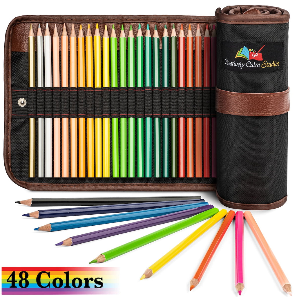 Creatively Calm Studios 48 Color Pencil Set with Canvas Roll-Up Organizer Travel Bag