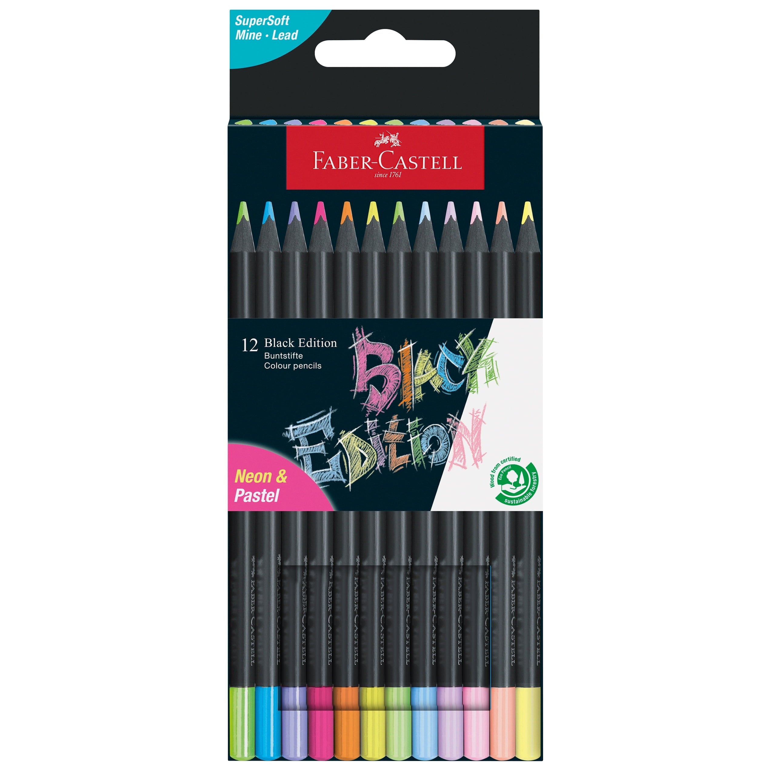 Black Edition Fine Art Colored Pencils: Neon & Pastel, Premium Pigment & Super Soft Core, by Faber-Castell (12 Count)