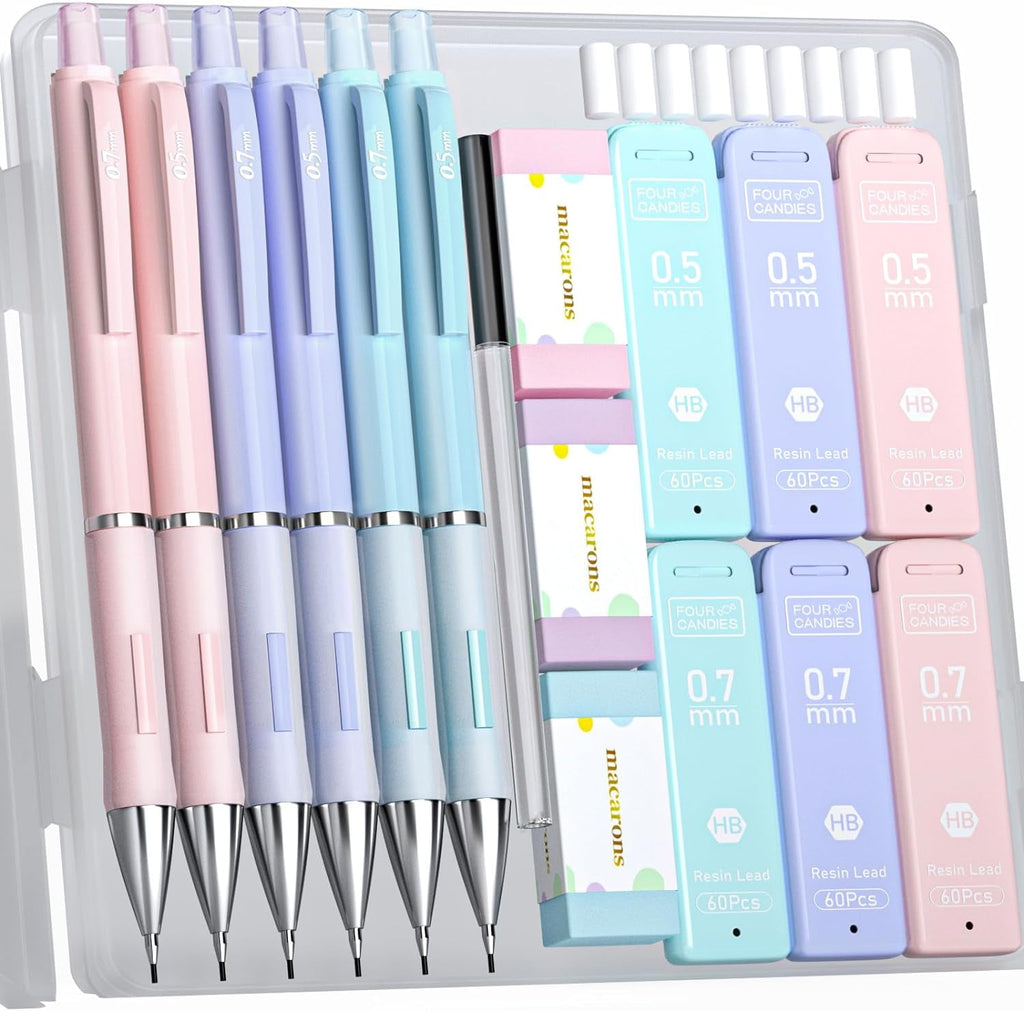 Four Candies Pastel Mechanical Pencil Set for Drawing & Writing,6PCS 0.5mm&0.7mm Mechanical Pencils with 360PCS HB Lead Refills, 3PCS Erasers and 9PCS Eraser Refills
