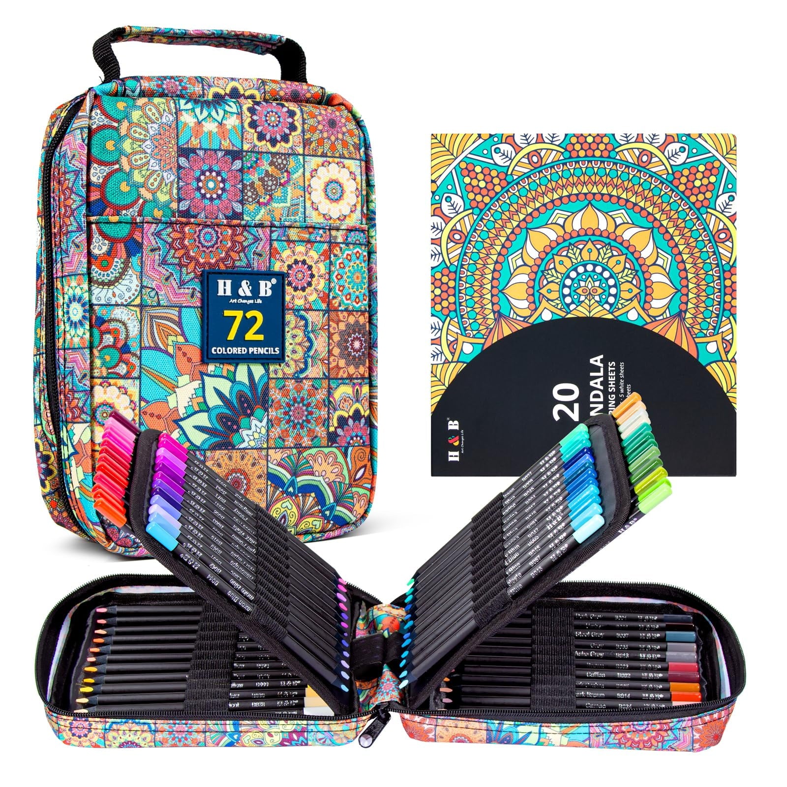 H & B 72 Colouring Pencils with Portable Zipper Bag,Colouring Pencils Set with Adult Colouring Book, Coloured Pencils for Adults,Artists