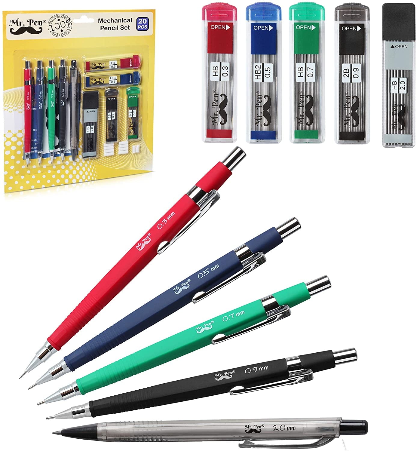 Mr. Pen Mechanical Pencil Set with Eraser Refills, 0.3mm, 0.5mm, 0.7mm, 0.9mm and 2mm, 5 Count
