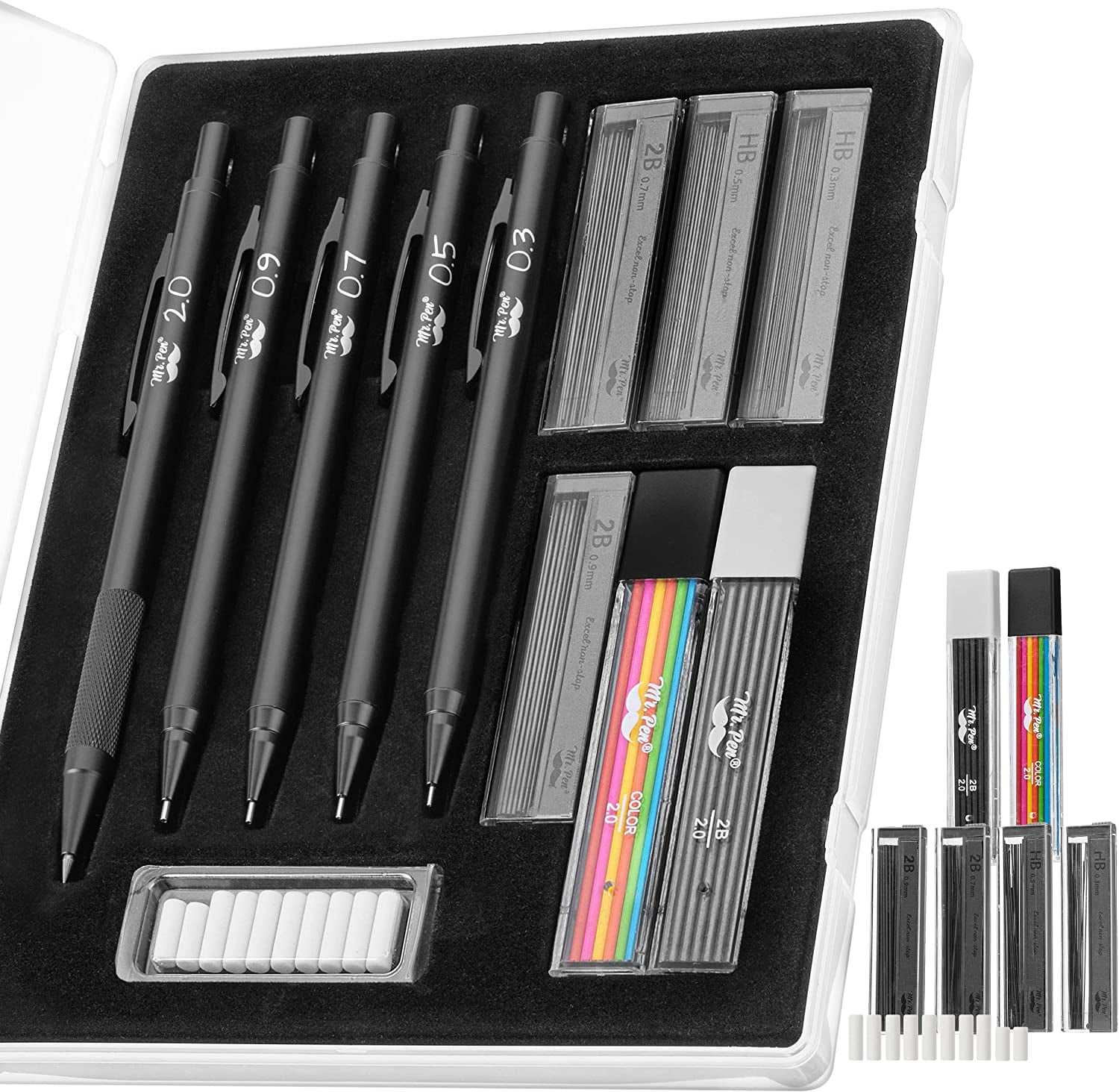 Mr. Pen- Metal Mechanical Pencil Set with Lead and Eraser Refills, 5 Sizes, Black, 0.3, 0.5, 0.7, 0.9, 2mm
