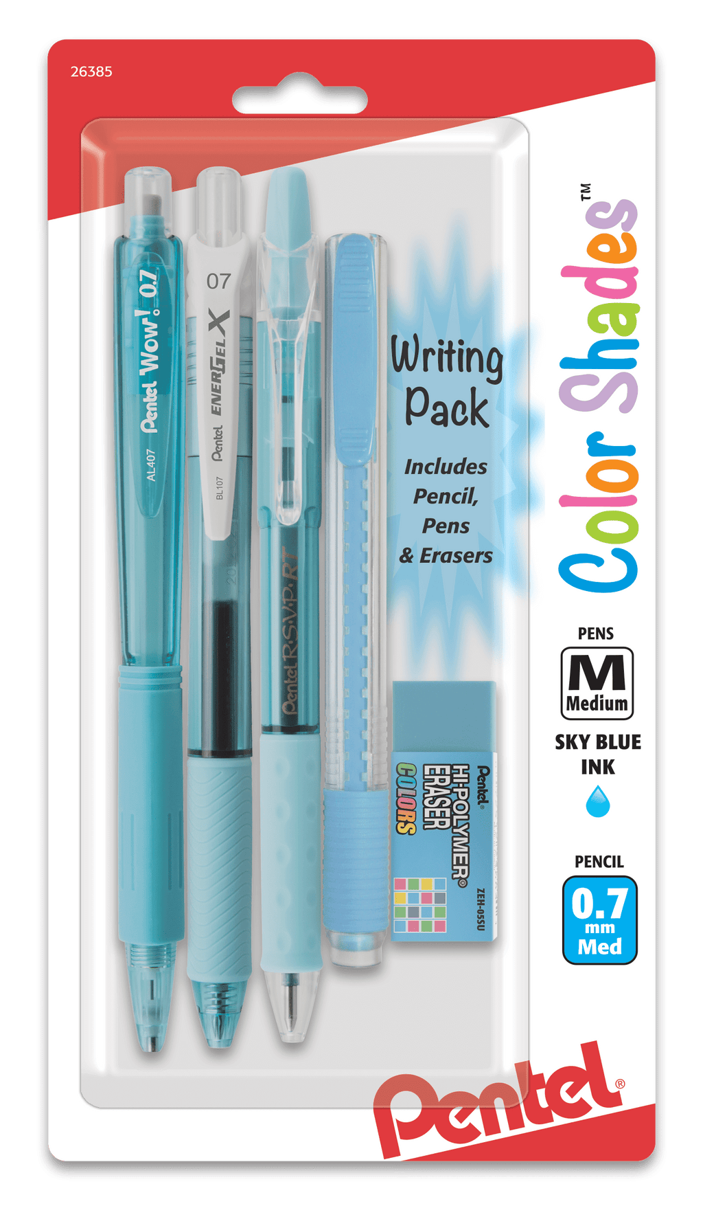 Pentel Color Shades 5-Piece Writing pack – Sky Blue Pens, Mechanical Pencil & Erasers for School or Office