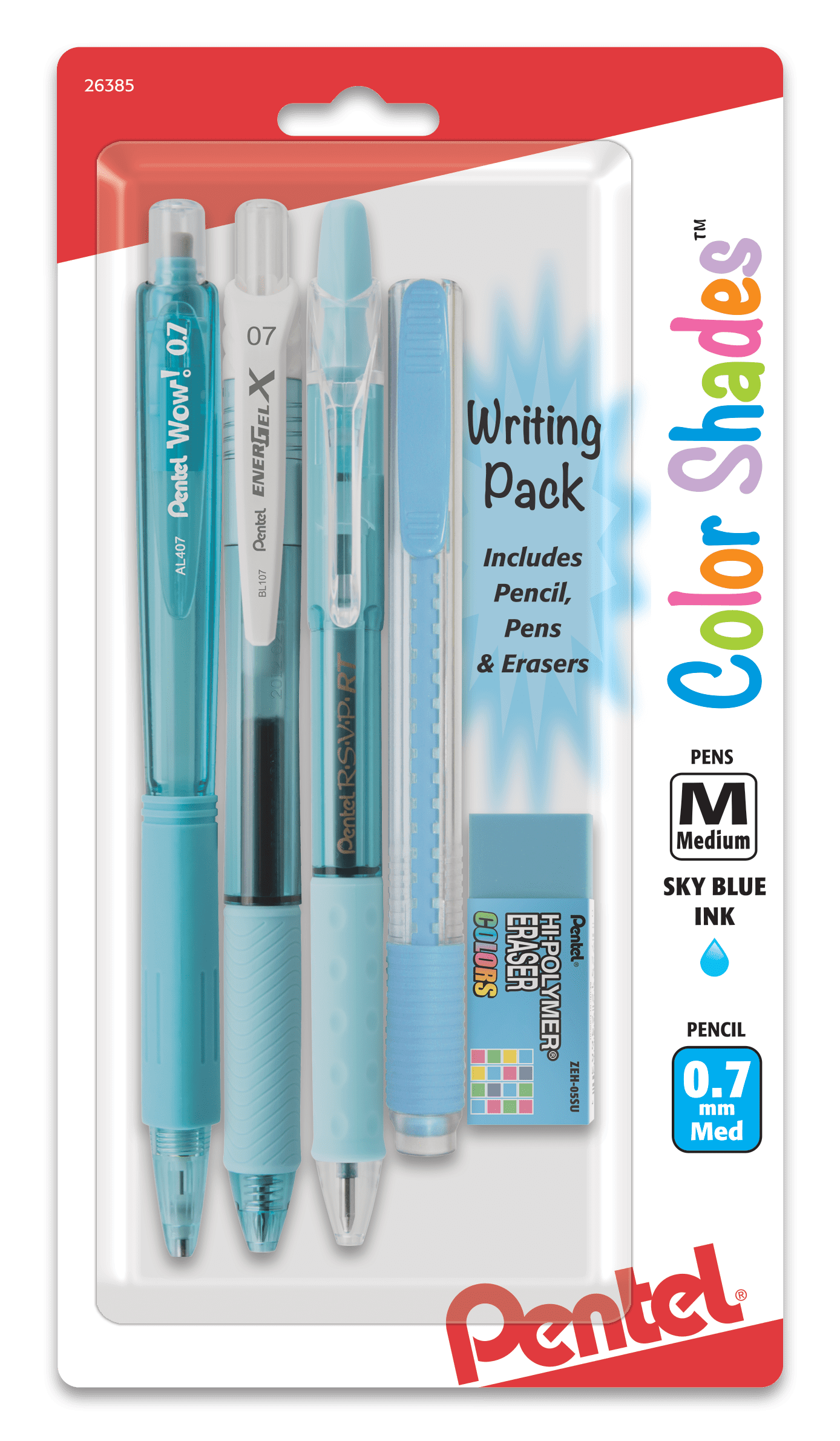 Pentel Color Shades 5-Piece Writing pack – Sky Blue Pens, Mechanical Pencil & Erasers for School or Office