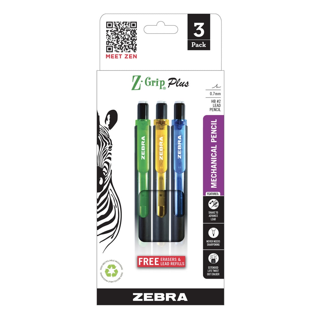 Zebra Z-Grip Plus Refillable Mechanical Pencil, 0.7mm, Bonus Lead and Erasers, Assorted Barrel Colors, Green, Yellow, Blue, 3-Count