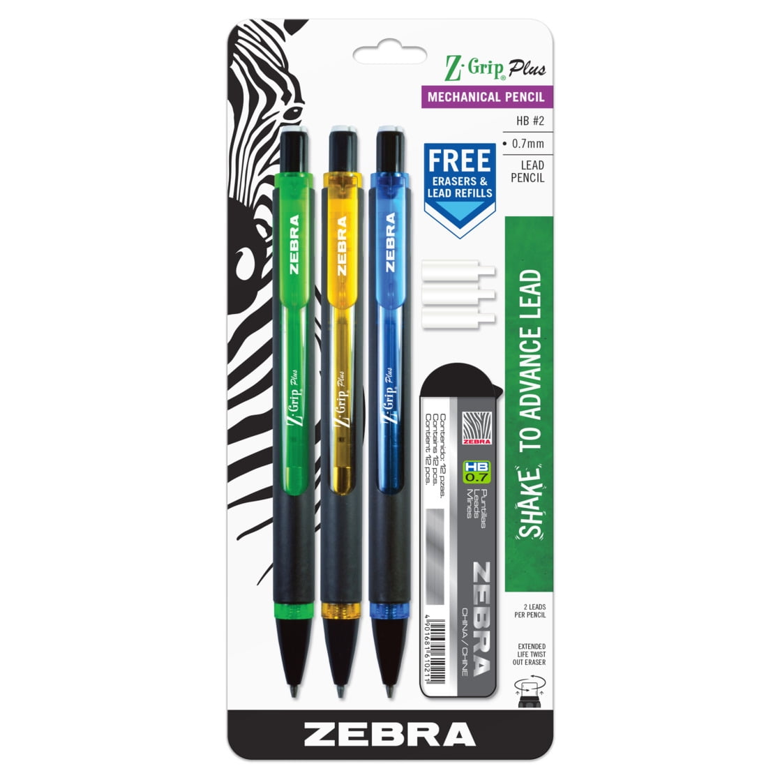 Zebra Z-Grip Plus Refillable Mechanical Pencil, 0.7mm, Bonus Lead and Erasers, Assorted Barrel Colors, Green, Yellow, Blue, 3-Count