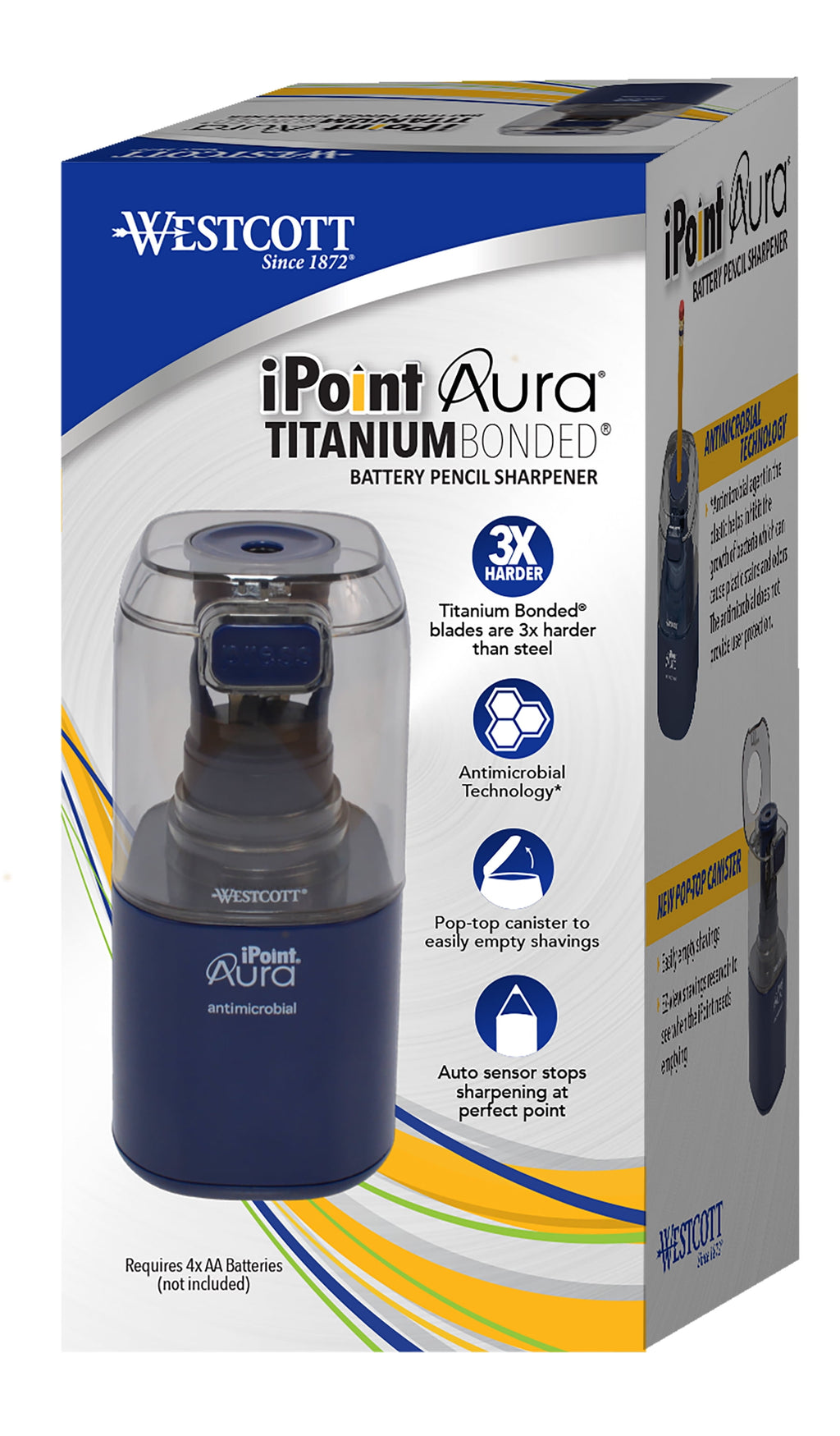 Westcott Aura Battery Pencil Sharpener, Titanium, Anti-Microbial, Office, Blue, 1-Count, New.
