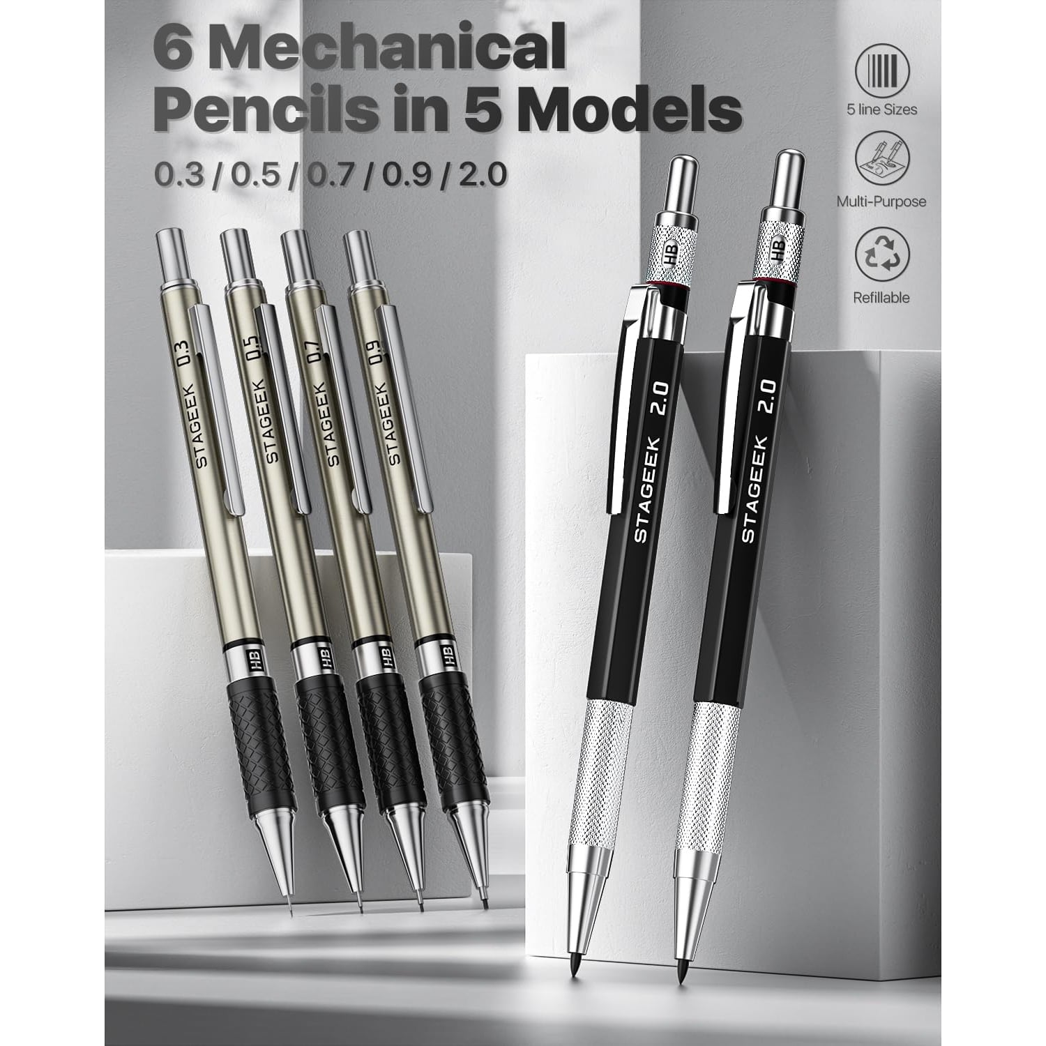 STAGEEK 37PCS Art Mechanical Pencil Set, Drafting Pencil 5 Sizes- 0.3, 0.5, 0.7, 0.9MM & 2PCS 2.0MM Mechanical Drawing Pencils with  Leads