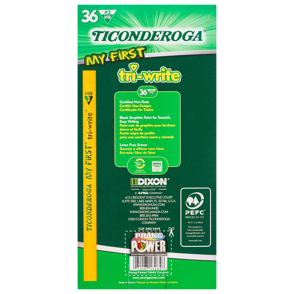 Ticonderoga My First Tri-Write Primary Size No. 2 Pencils without Eraser, Box of 36