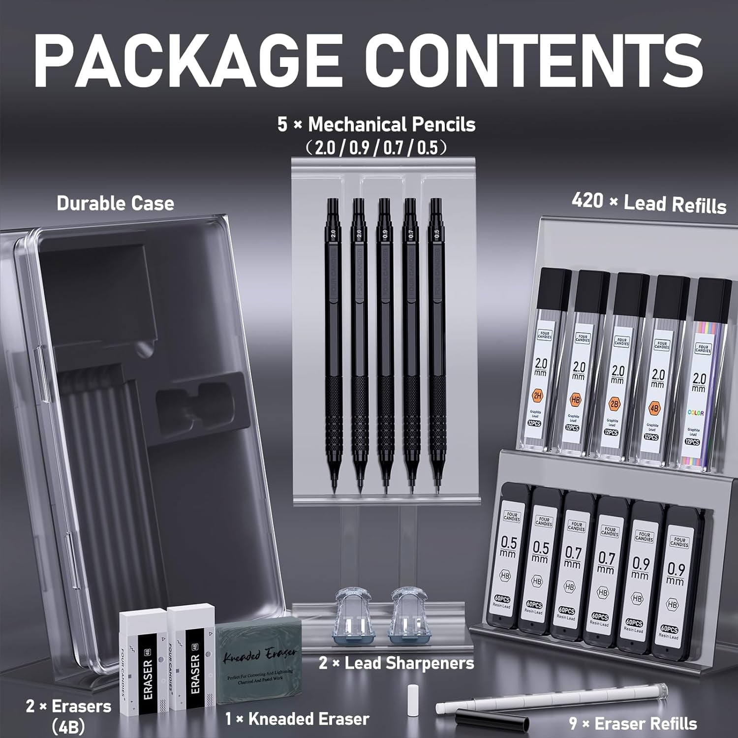 Four Candies Metal Mechanical Pencil Set,5 Count, Metal Mechanical Pencils 0.5, 0.7, 0.9,2.0(2Pcs), 420Pcs Leads (4B 2B HB 2H Color), for Writing Sketching Drawing (Black)