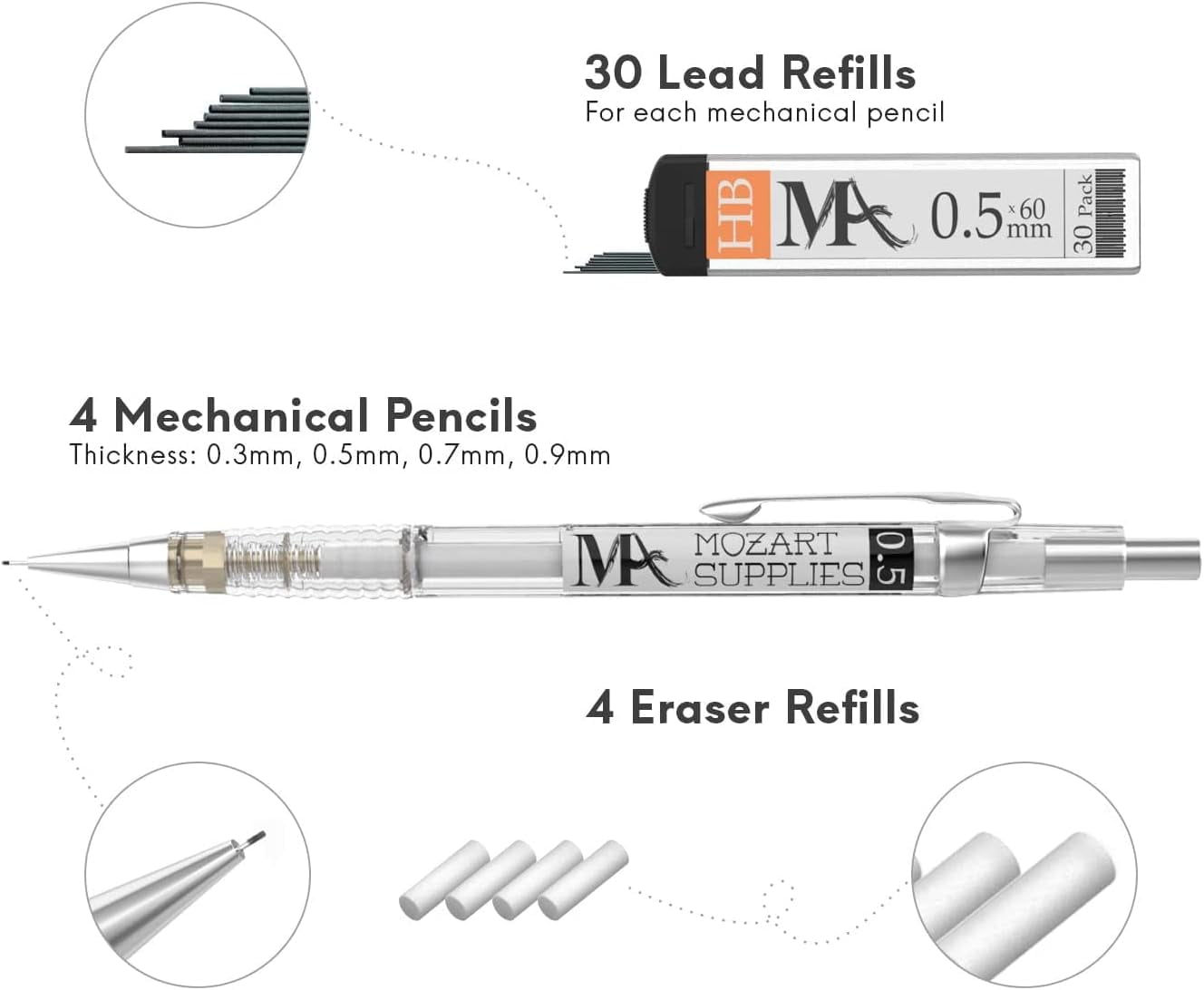 MozArt Supplies Mechanical Pencil Set with Case – 4 Pack - 4 Sizes (30 HB Lead and 4 Eraser Refills)