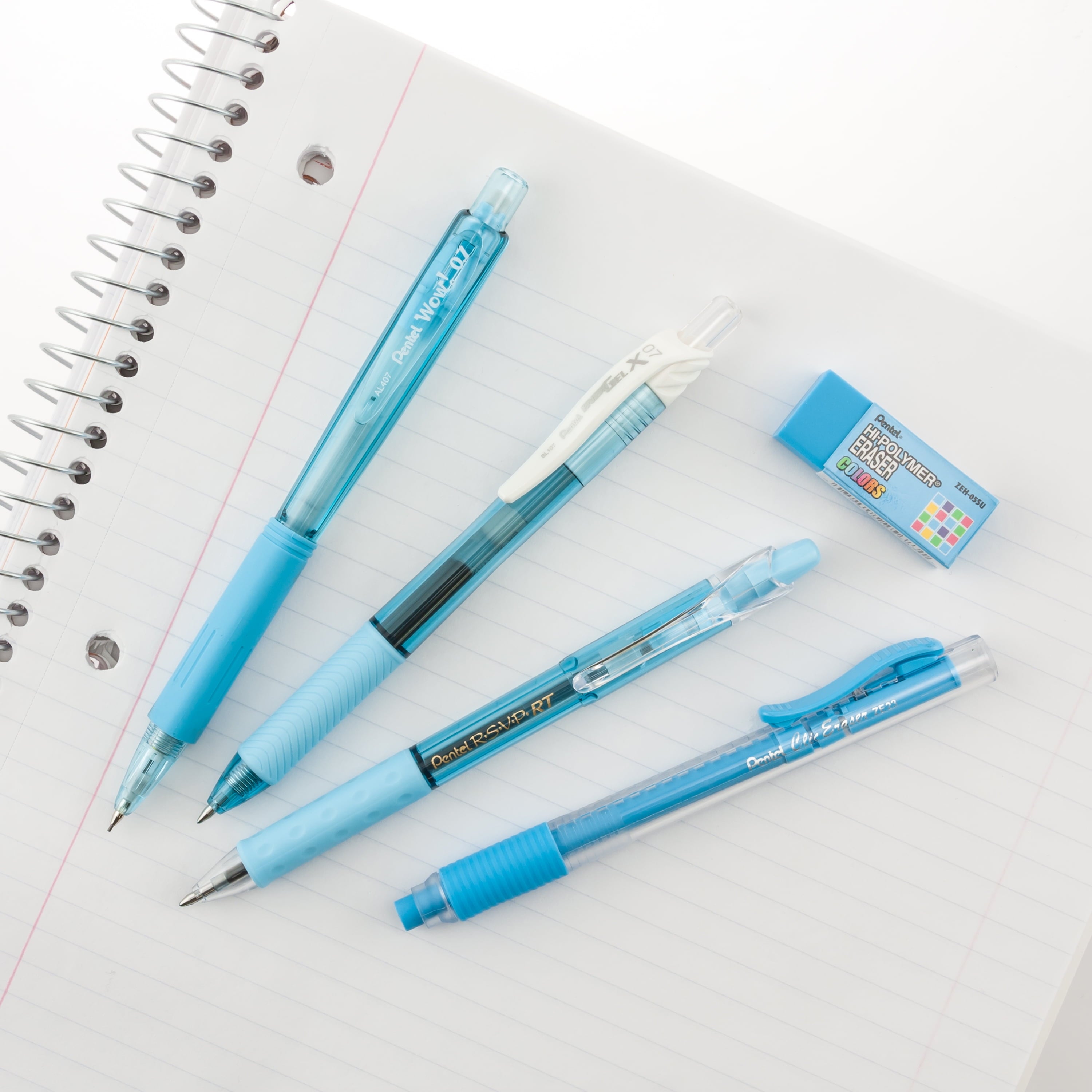 Pentel Color Shades 5-Piece Writing pack – Sky Blue Pens, Mechanical Pencil & Erasers for School or Office