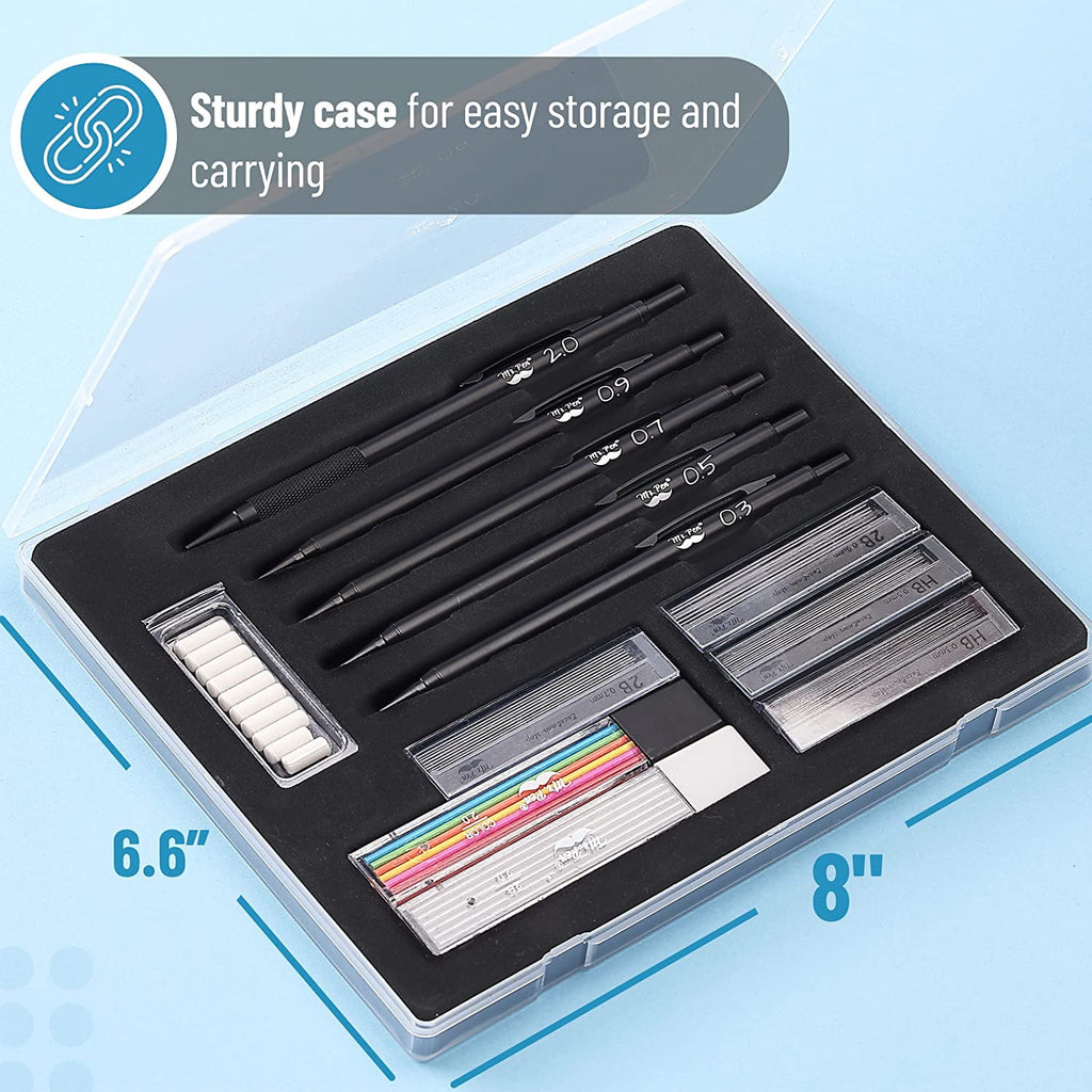 Mr. Pen- Metal Mechanical Pencil Set with Lead and Eraser Refills, 5 Sizes, Black, 0.3, 0.5, 0.7, 0.9, 2mm