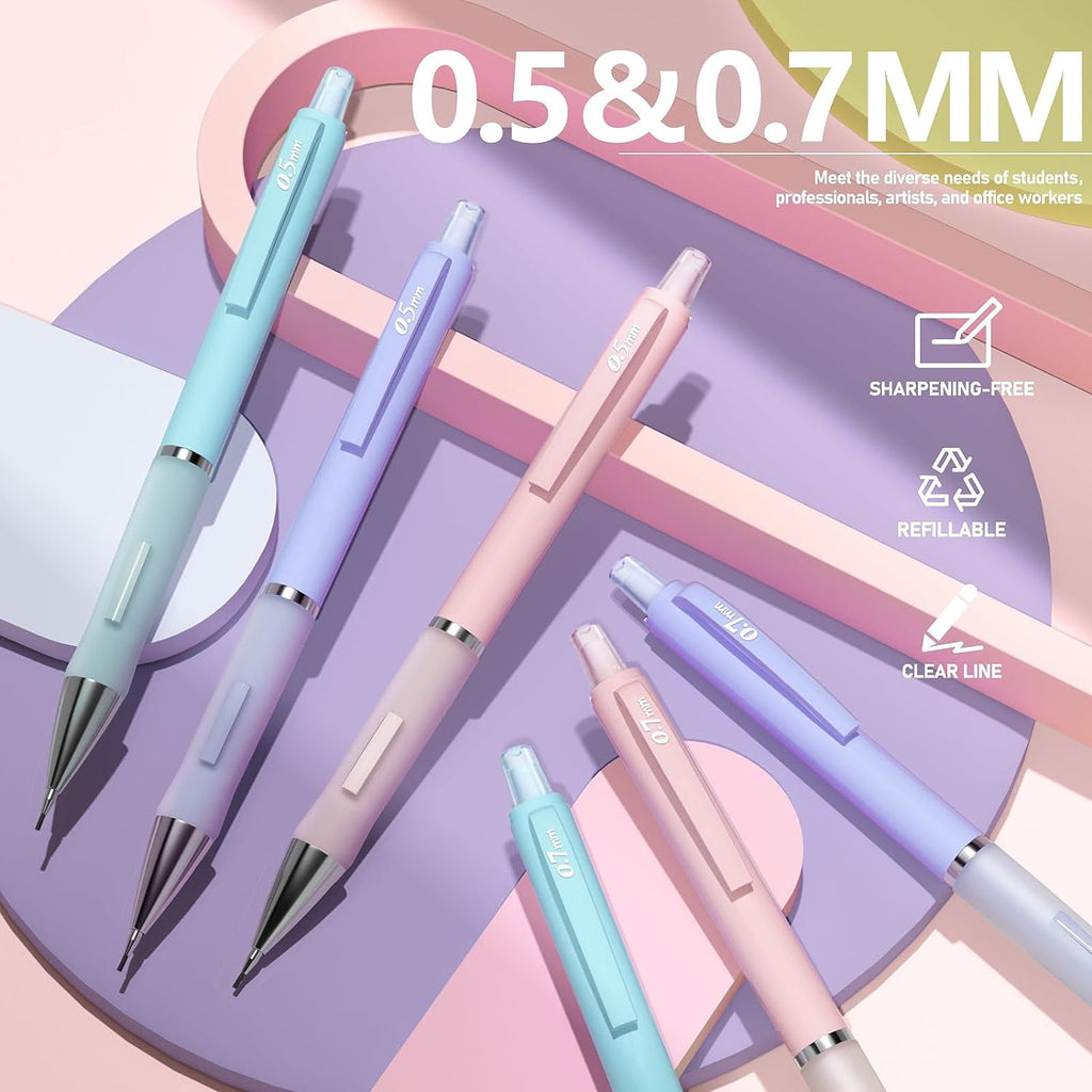 Four Candies Pastel Mechanical Pencil Set for Drawing & Writing,6PCS 0.5mm&0.7mm Mechanical Pencils with 360PCS HB Lead Refills, 3PCS Erasers and 9PCS Eraser Refills