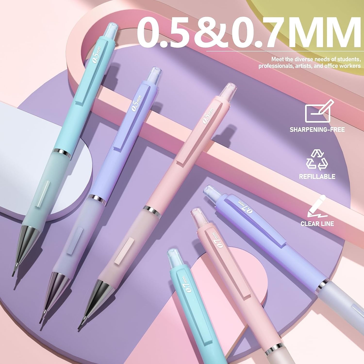 Four Candies Pastel Mechanical Pencil Set for Drawing & Writing,6PCS 0.5mm&0.7mm Mechanical Pencils with 360PCS HB Lead Refills, 3PCS Erasers and 9PCS Eraser Refills